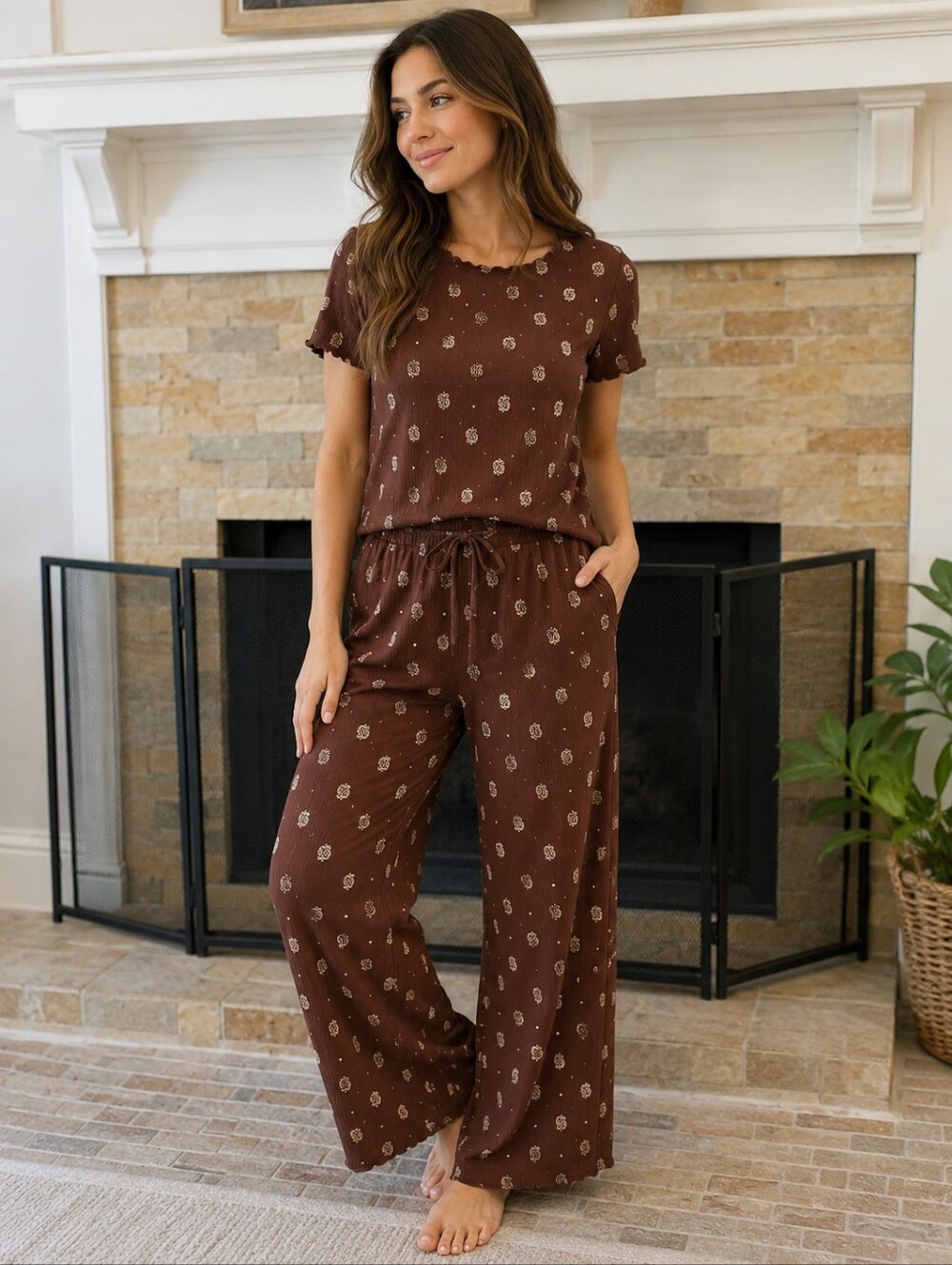 H&M Brown and Cream Floral Ribbed Set